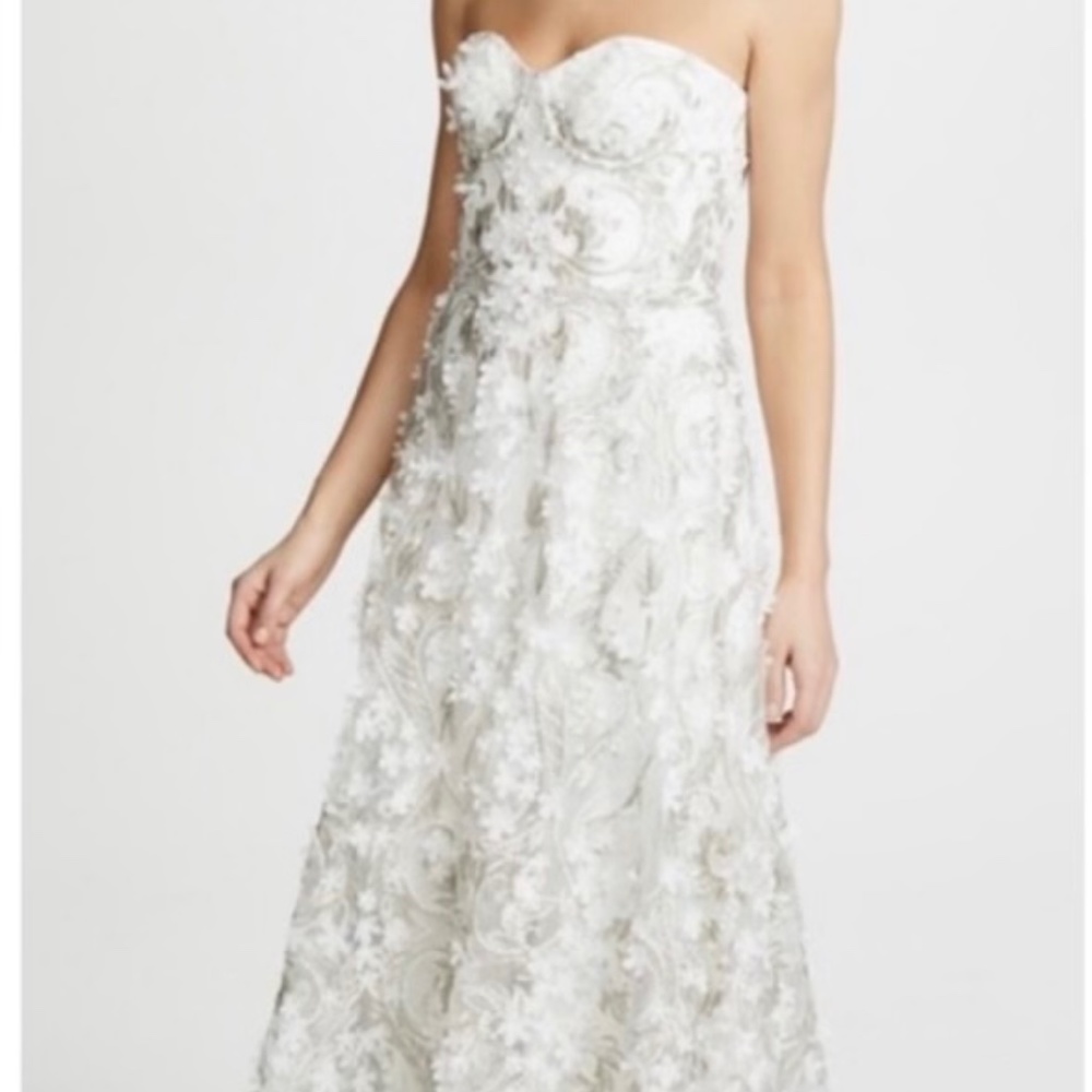 Marchesa Notte Strapless 3D Embroidered Dress